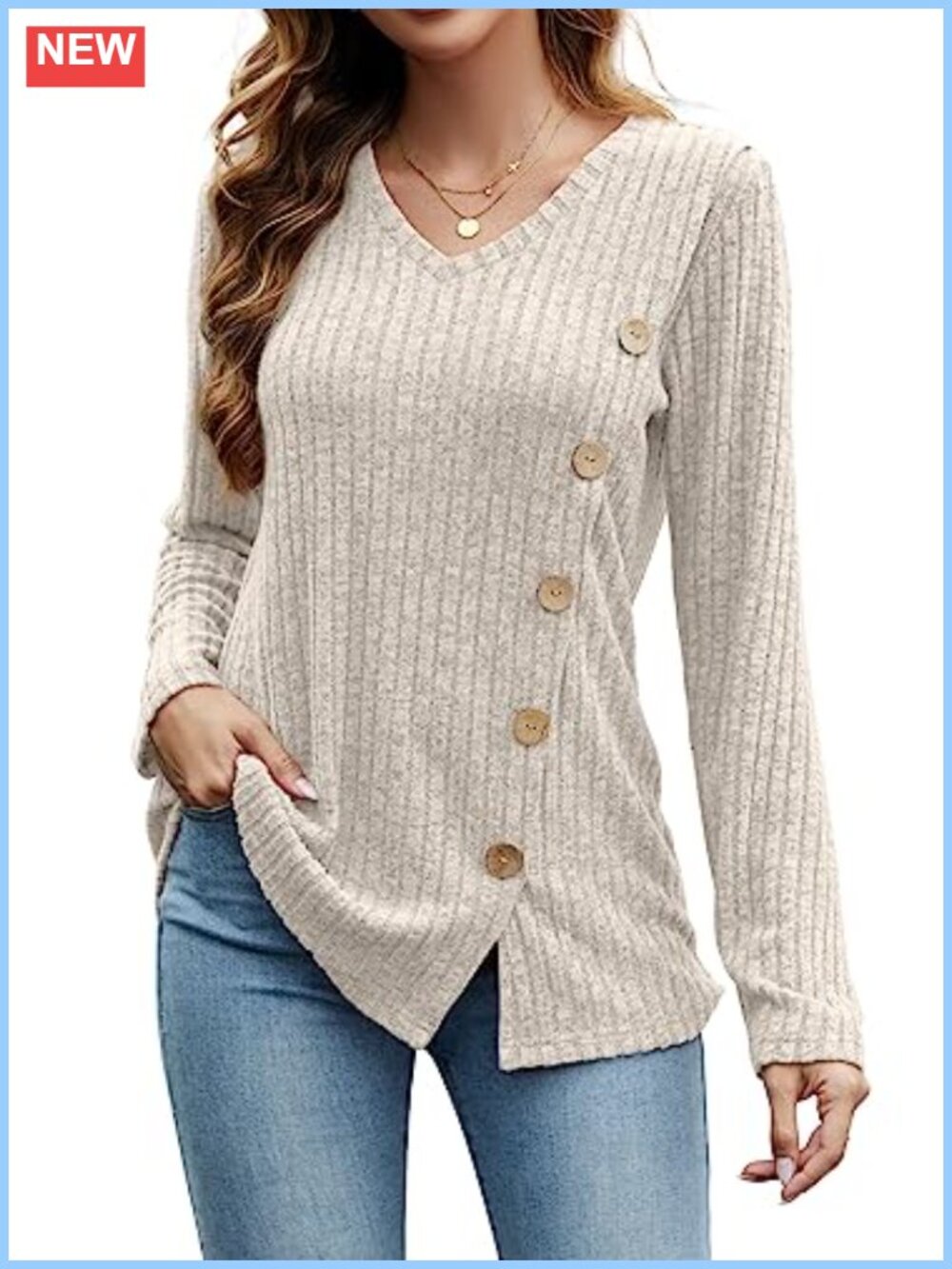 Womens Long Sleeve V-Neck Tunic Top Loose Fit Lightweight Sweater